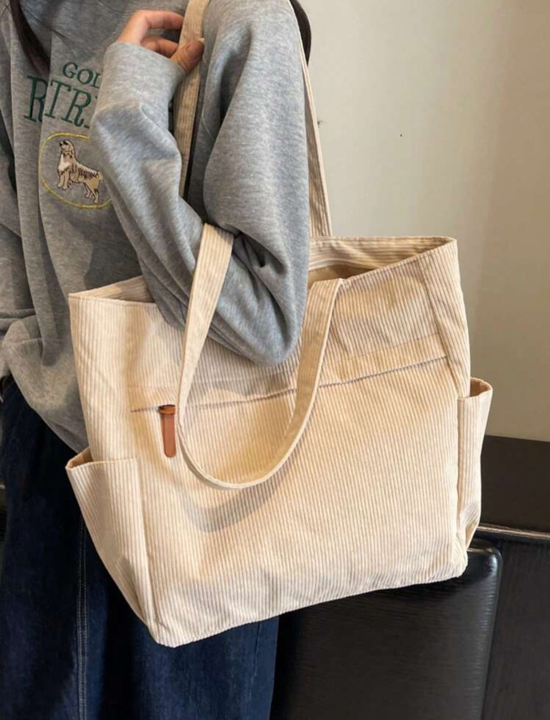 Corduroy Shoulder Tote Bag with Zippered Top Closure and Multiple Pockets