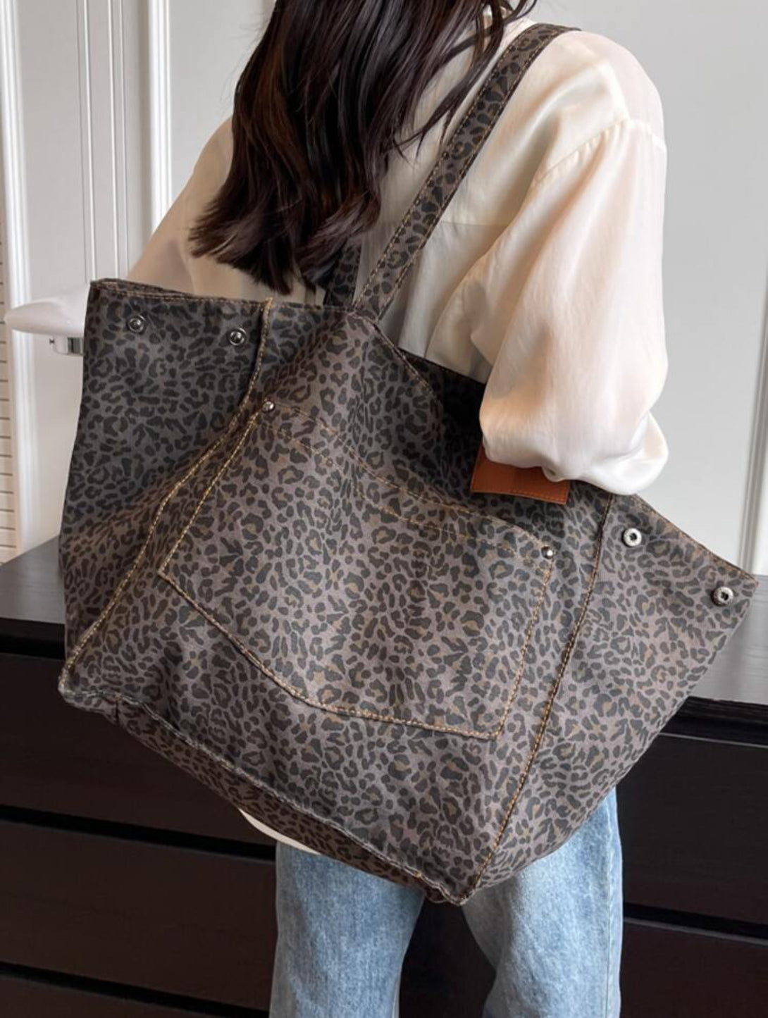 Extra Large Capacity Canvas Shoulder Tote Bag with Side Pocket, Boho Style Leopard Print Bag