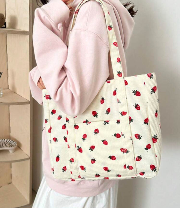 Corduroy Shoulder Tote Bag with Berry Pattern, colors are white or pink