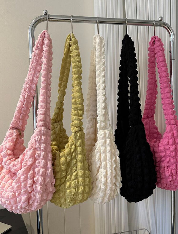 Quilted Light Weight Large Capasity Crossbody Cloud Bag, colors are light pink, hot pink, beige, black or yellow