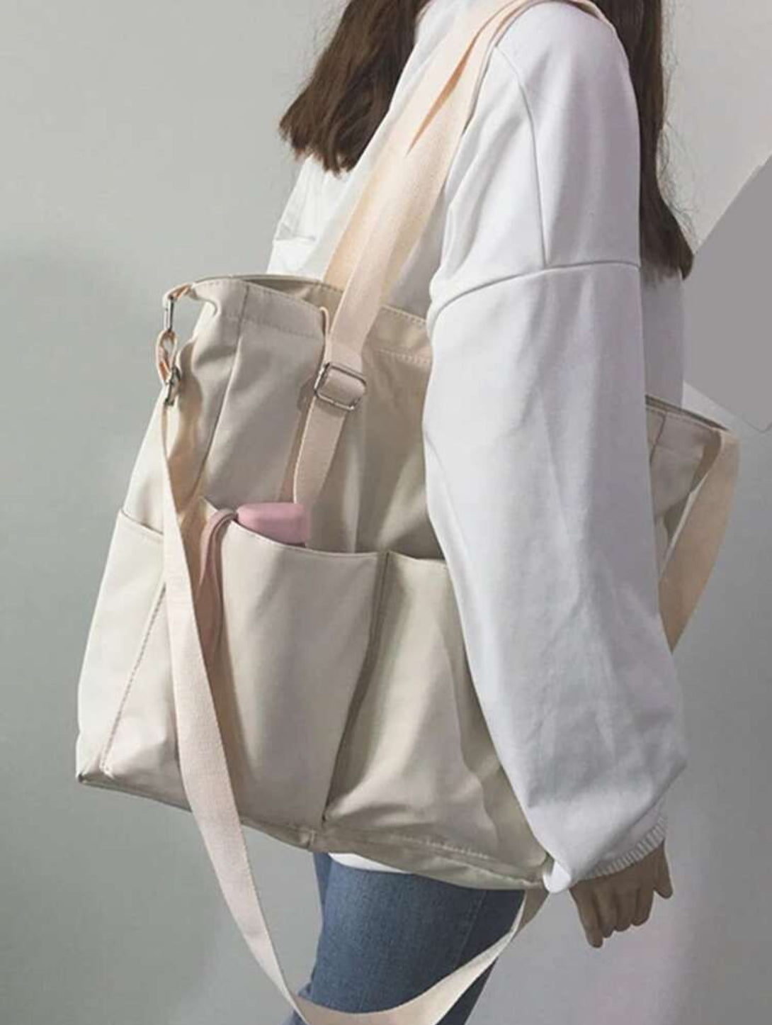 Shoulder/Crossbody Everyday Tote Bag with Multiple Pockets, colors are black or beige