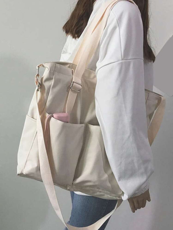 Shoulder/Crossbody Everyday Tote Bag with Multiple Pockets, colors are black or beige