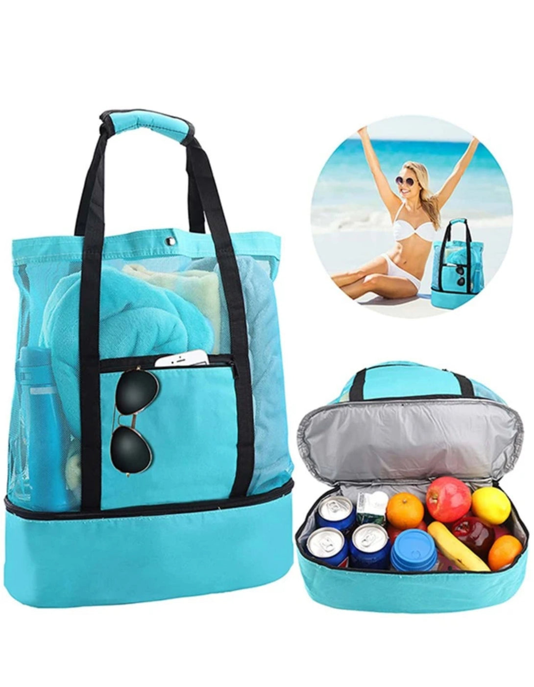 Large mesh Beach Bag with Insulated Cooler Compartment 