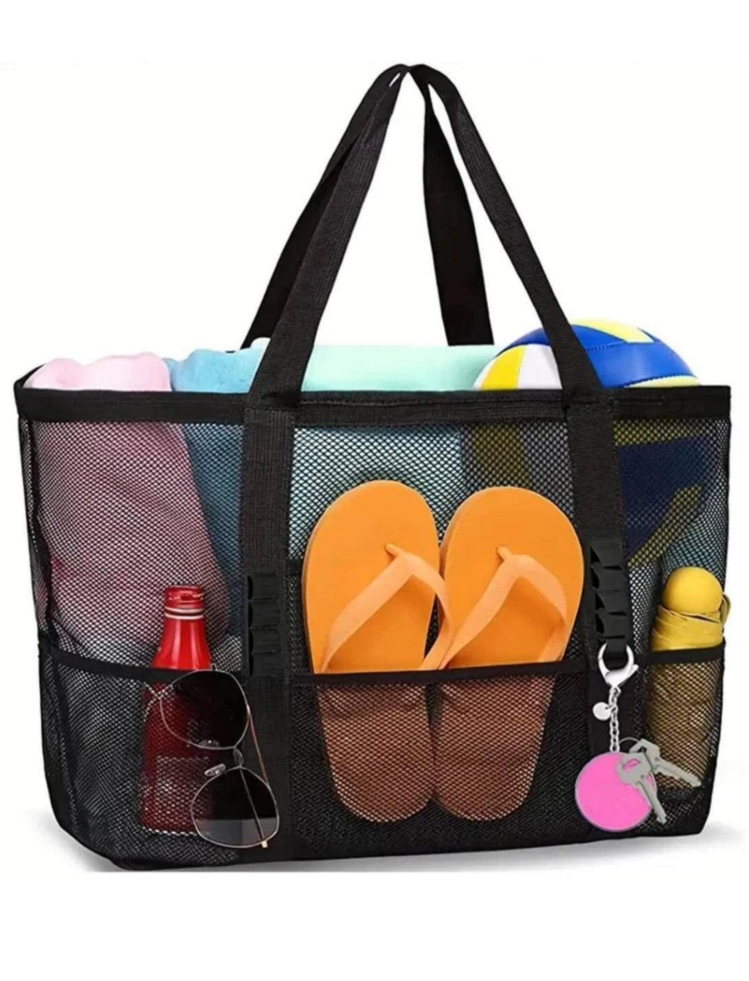 Large Mesh Beach Tote Bag with Multiple Pockets, colors are blue, black, yellow, pink