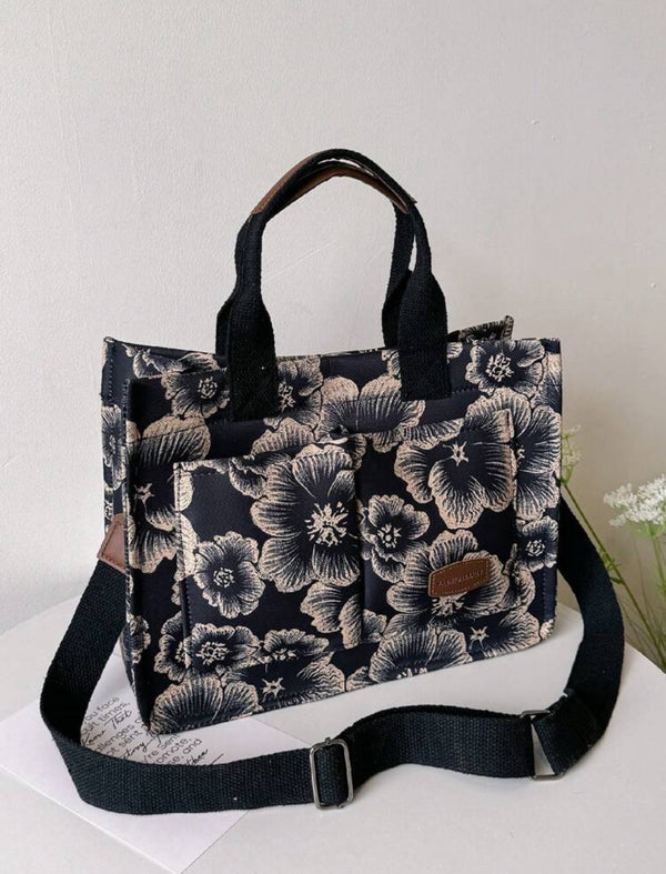 Multi Pocket Durable Material Tote Bag with Crossbody Strap, Floral or Leopard Patterns