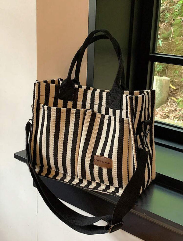 Multi Pocket Durable Material Tote Bag with Crossbody Strap, Stripe Patterns